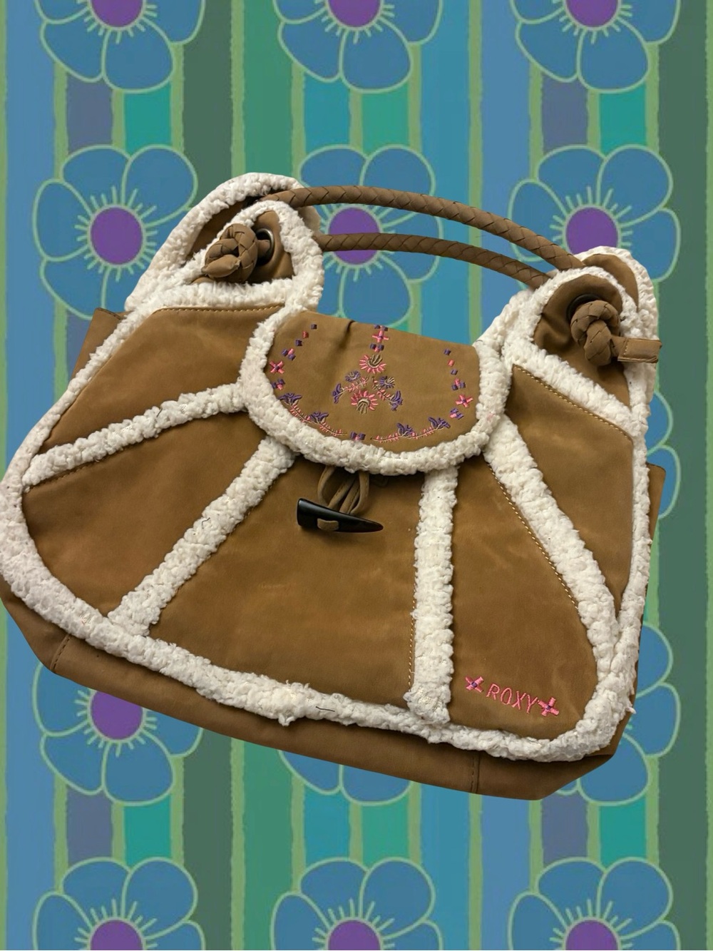 Roxy Tan Faux Suede Sherpa-Trim Embroidered Bag